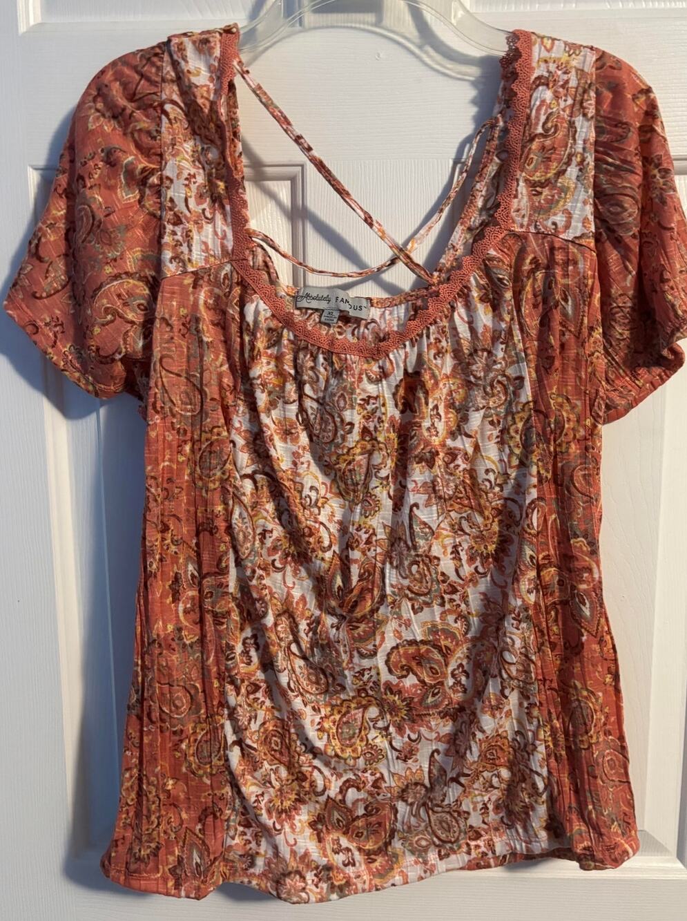 Absolutely Famous Paisley Crochet Lace Lattice Back Blouse Top Womens XL
